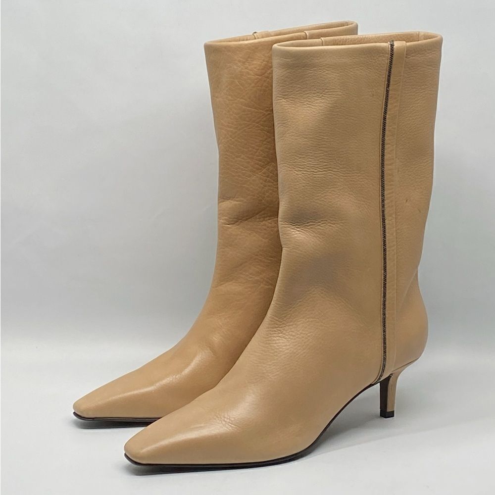 Brunello Cucinelli Bead embellished Leather Kitten-Heel Boots size 37